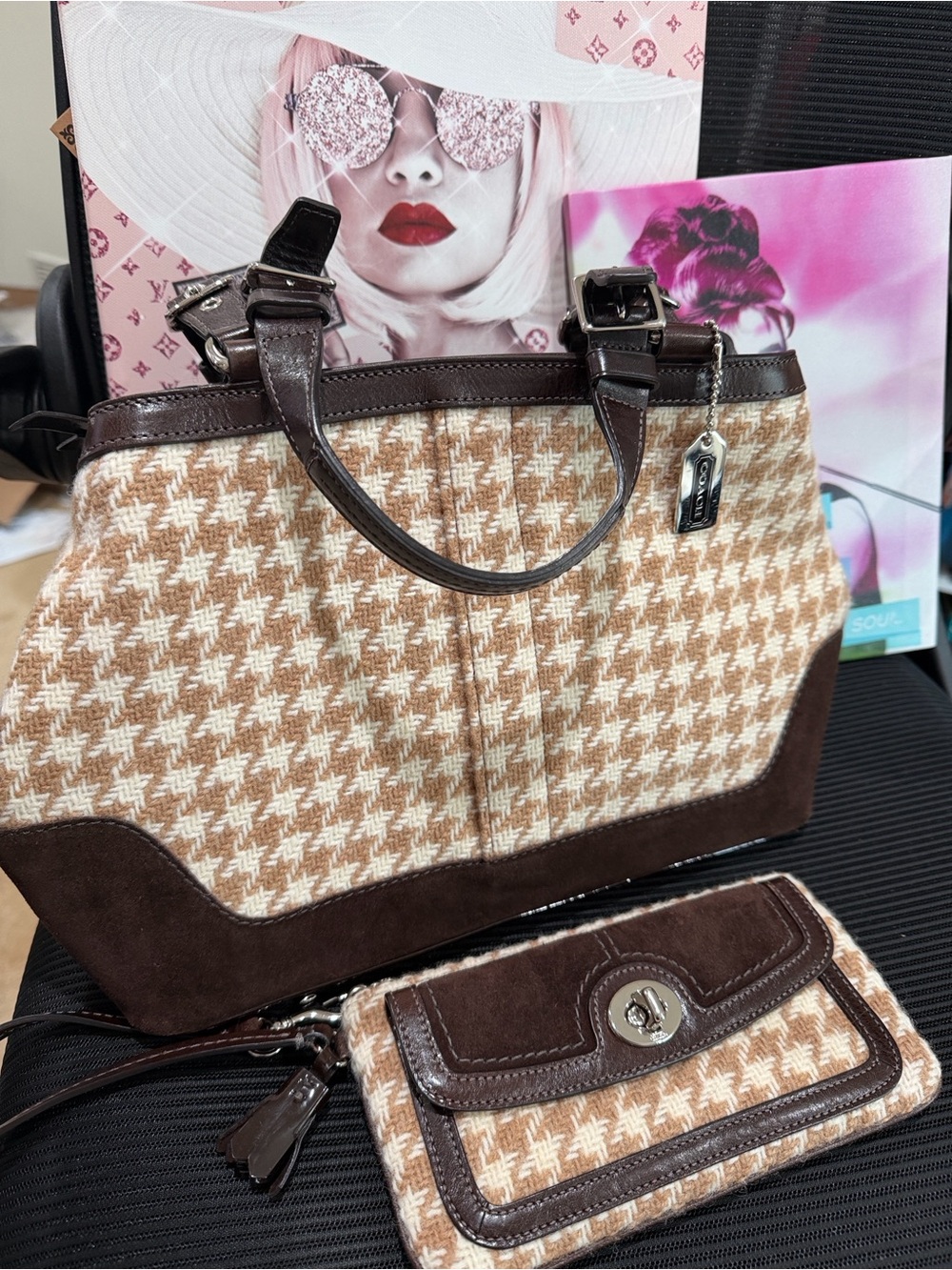 Coach Brown & Cream Houndstooth Satchel with Matching Wallet